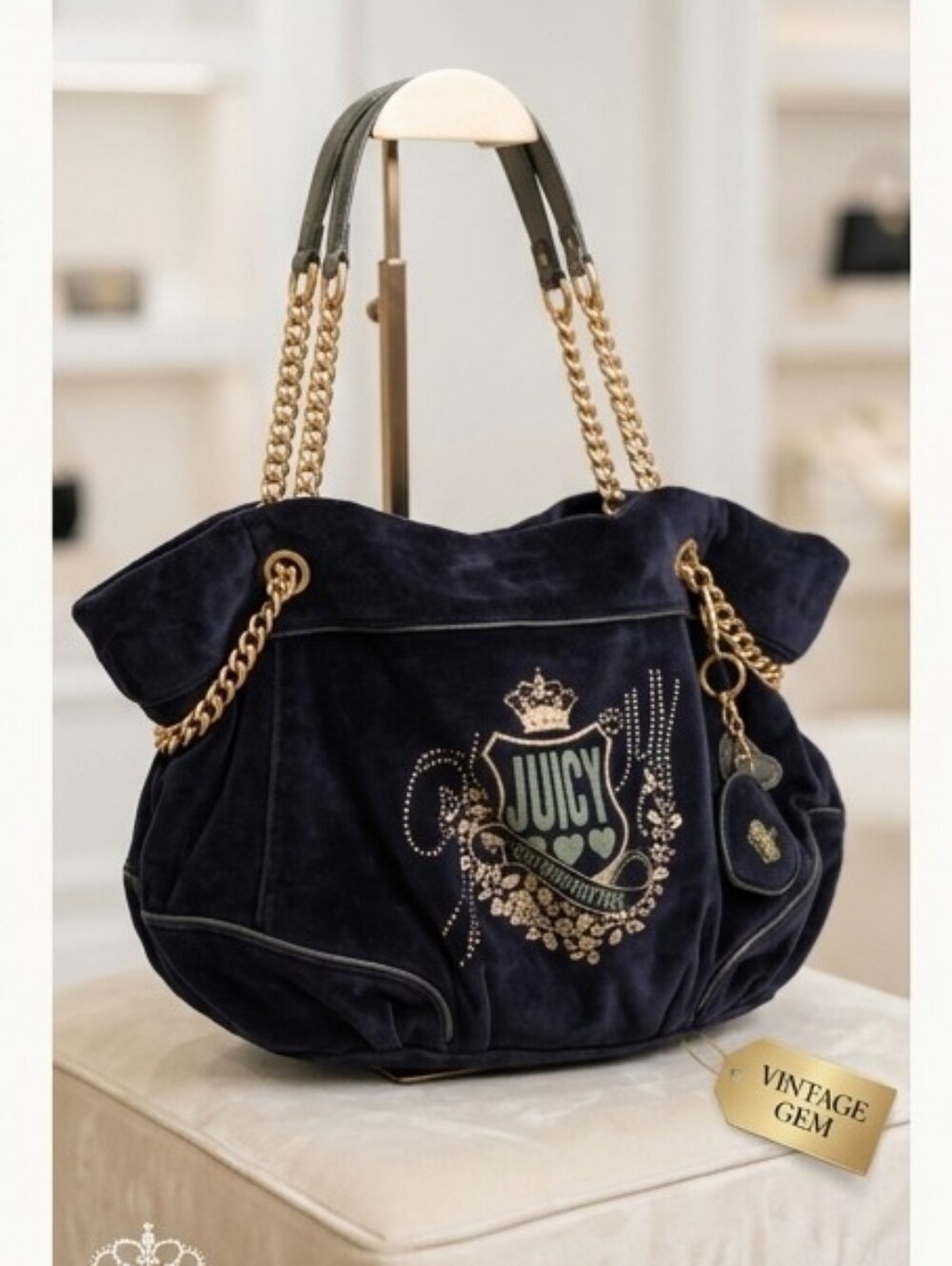 Juicy Couture Navy Blue Velvet Shoulder Bag with Gold Chain Handles Y2K NWT